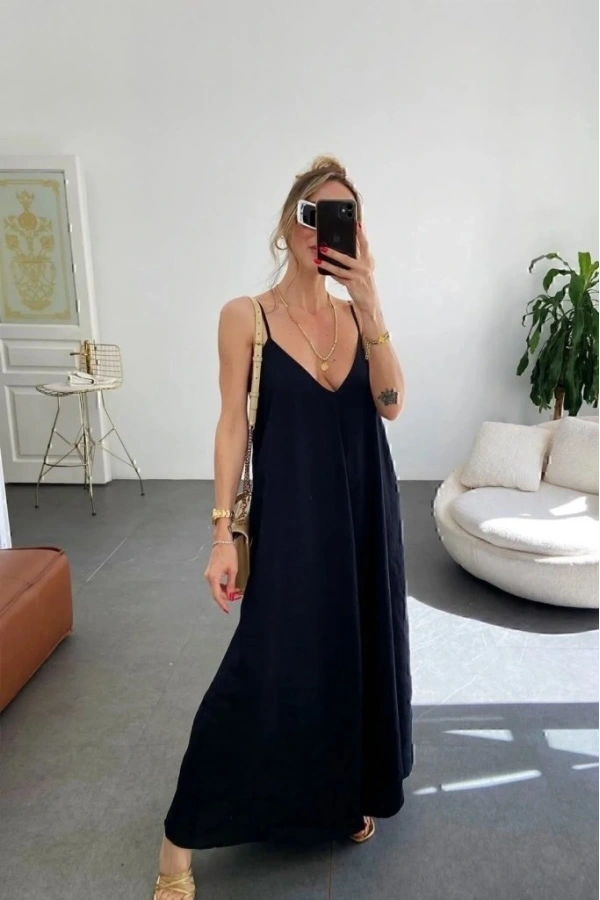 Bidebuvar Kadın Ip Askılı V Yakalı Uzun Aerobin Elbise