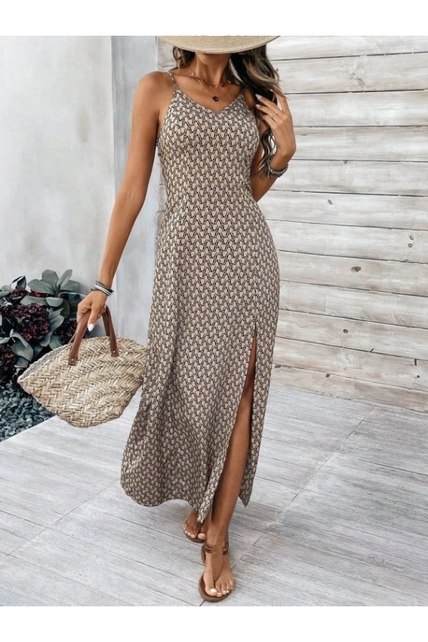 Bidebuvar Kadın Ip Askılı V Yakalı Yırtmaçlı Uzun Süprem Elbise