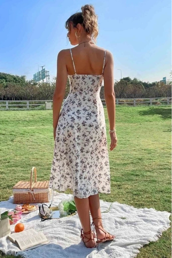 Bidebuvar Kadın Ip Askılı Yakadan Bağcıklı Desenli Süprem Elbise