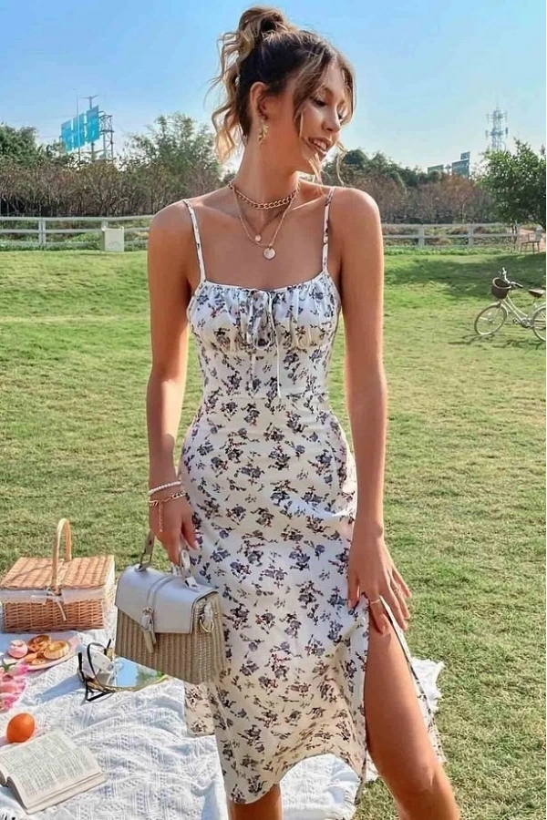 Bidebuvar Kadın Ip Askılı Yakadan Bağcıklı Desenli Süprem Elbise