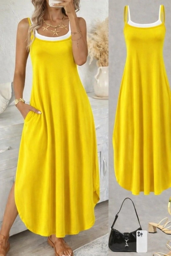 Bidebuvar Kadın Ip Askılı Yuvarlak Yakalı Cepli Uzun Viskon Elbise