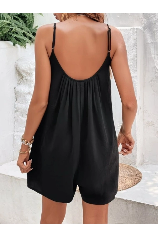 Bidebuvar Kadın Ip Askılı Yuvarlak Yakalı Pileli Kısa Arobin Tulum