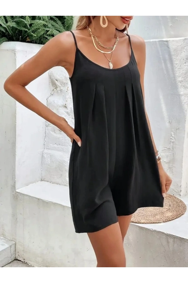 Bidebuvar Kadın Ip Askılı Yuvarlak Yakalı Pileli Viskon Tulum