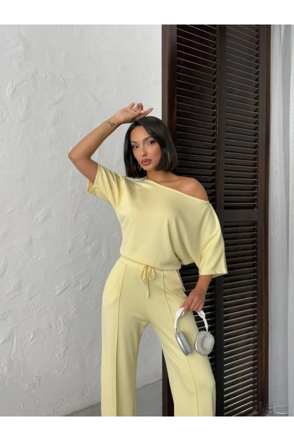 Bidebuvar Kadın İsa Kollu Kayık Yaka Bluz Ve Pantolon Misal Kumaş Ikili Takım