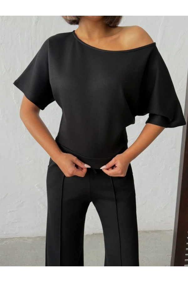 Bidebuvar Kadın İsa Kollu Kayık Yaka Bluz Ve Pantolon Misal Kumaş Ikili Takım