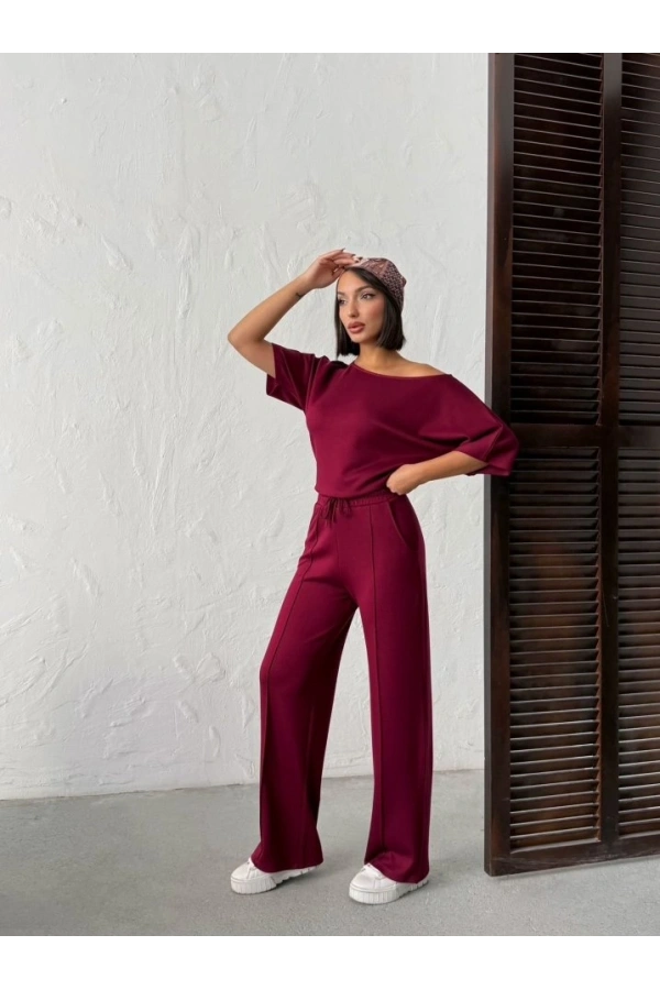 Bidebuvar Kadın İsa Kollu Kayık Yaka Bluz Ve Pantolon Misal Kumaş Ikili Takım