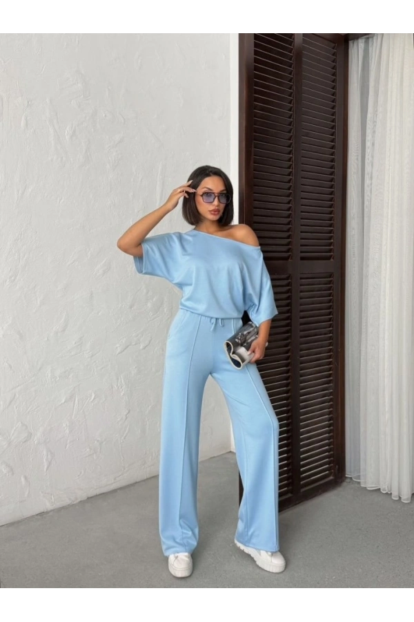 Bidebuvar Kadın İsa Kollu Kayık Yaka Bluz Ve Pantolon Misal Kumaş Ikili Takım