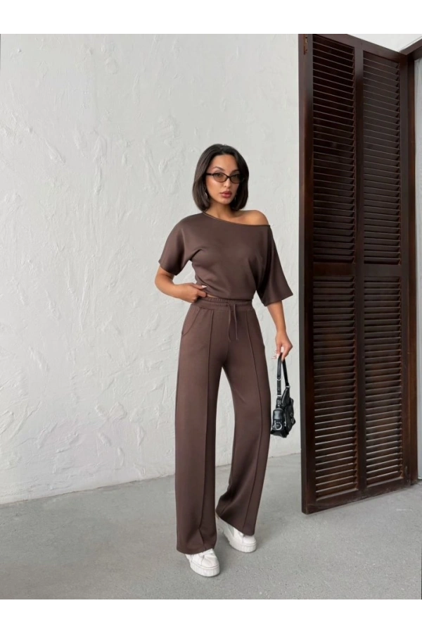 Bidebuvar Kadın İsa Kollu Kayık Yaka Bluz Ve Pantolon Misal Kumaş Ikili Takım