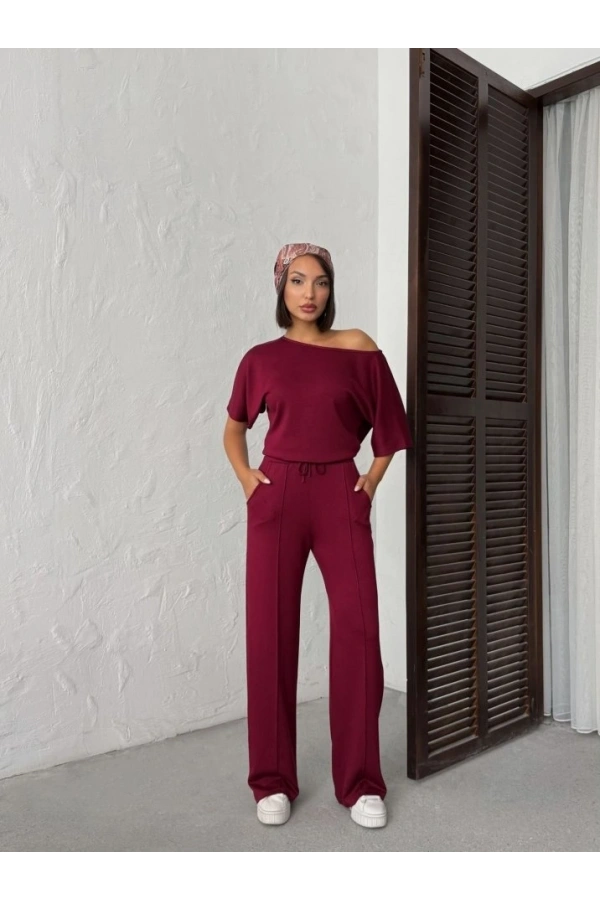 Bidebuvar Kadın İsa Kollu Kayık Yaka Bluz Ve Pantolon Misal Kumaş Ikili Takım