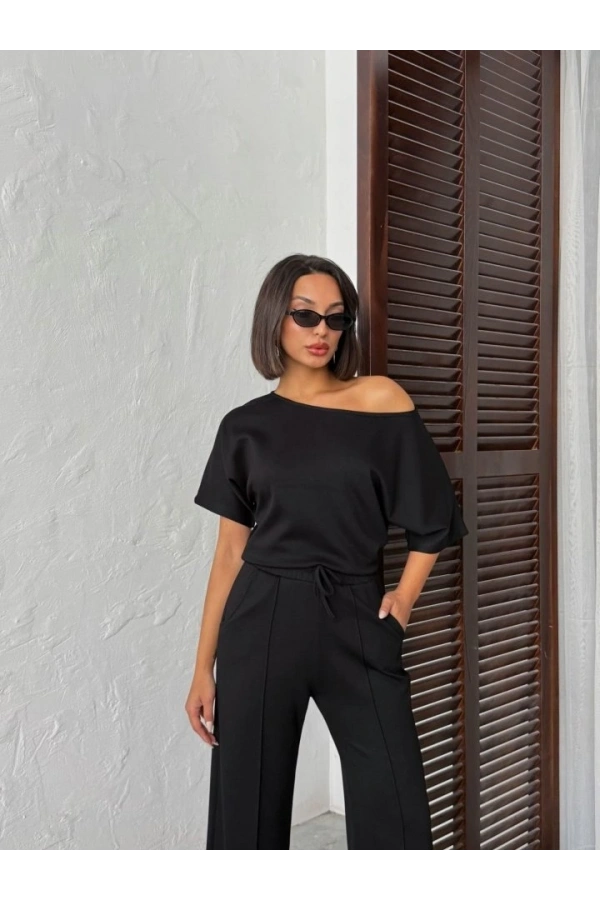 Bidebuvar Kadın İsa Kollu Kayık Yaka Bluz Ve Pantolon Misal Kumaş Ikili Takım