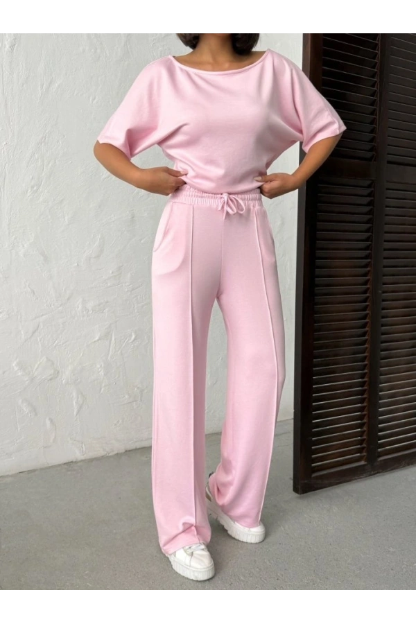 Bidebuvar Kadın İsa Kollu Kayık Yaka Bluz Ve Pantolon Misal Kumaş Ikili Takım