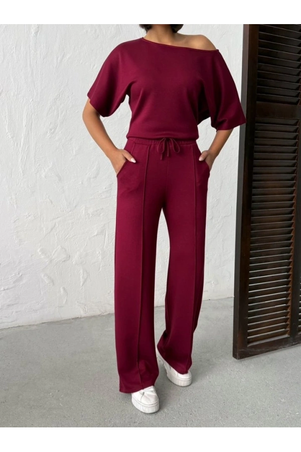 Bidebuvar Kadın İsa Kollu Kayık Yaka Bluz Ve Pantolon Misal Kumaş Ikili Takım