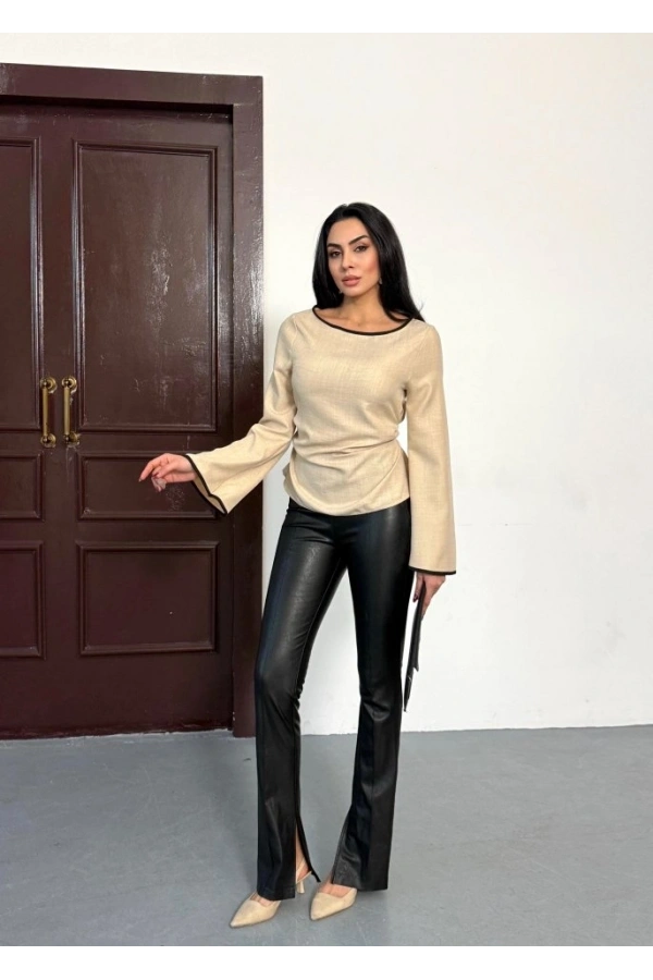 Bidebuvar Kadın İspanyol Kol Arkası Bağcık Ip Detay Keten Bluz