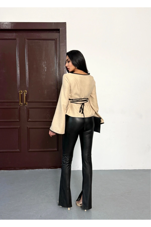 Bidebuvar Kadın İspanyol Kol Arkası Bağcık Ip Detay Keten Bluz