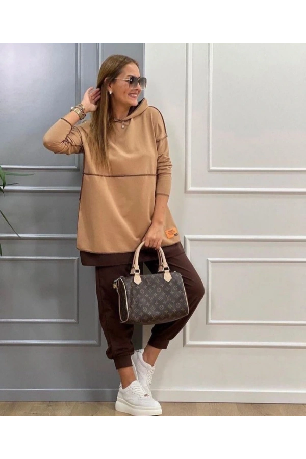 Bidebuvar Kadın Kahve Kapşonlu Etek Ucu Detay Arma Ters Dikiş Gorunumlu Ikili Takım