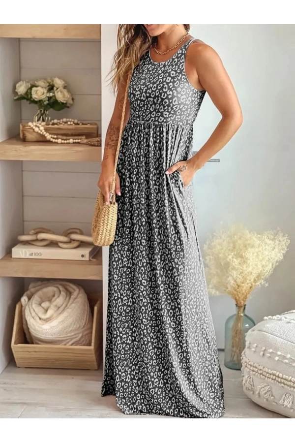 Bidebuvar Kadın Kalın Askılı Yuvarlak Yaka Cepli Süprem Maksi Elbise