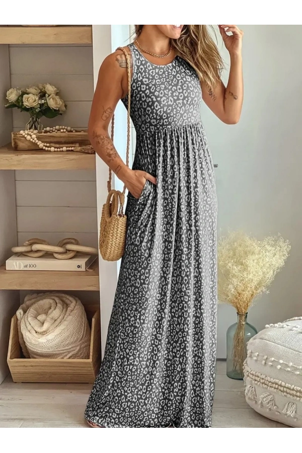 Bidebuvar Kadın Kalın Askılı Yuvarlak Yaka Cepli Süprem Maksi Elbise