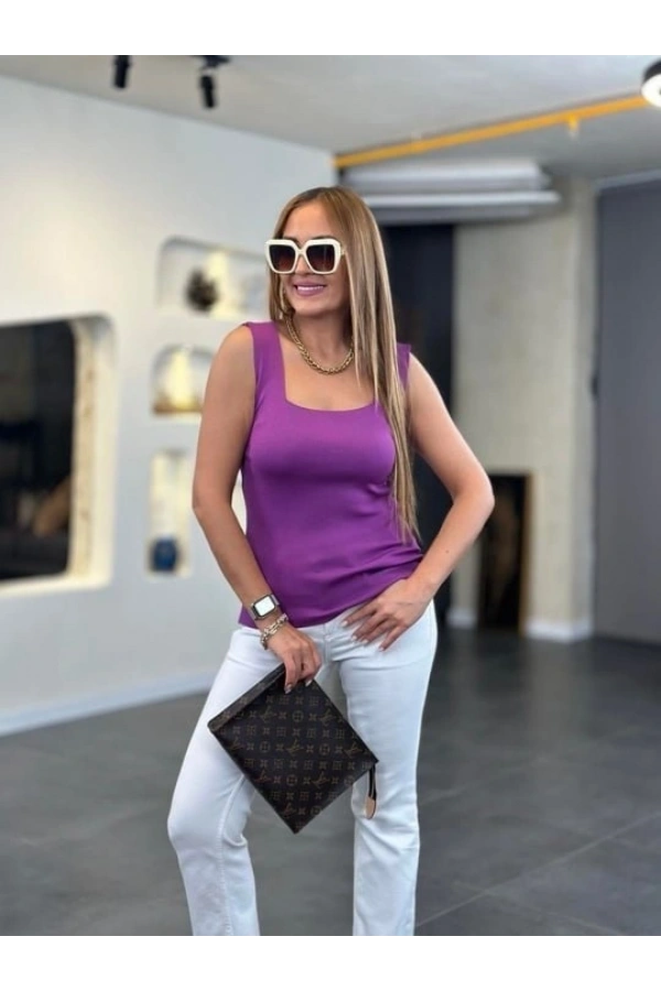 Bidebuvar Kadın Kare Yaka Kalın Askılı Beyaz Triko Bluz