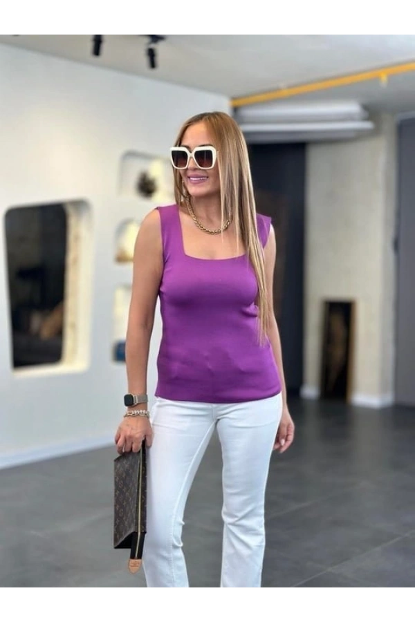 Bidebuvar Kadın Kare Yaka Kalın Askılı Beyaz Triko Bluz