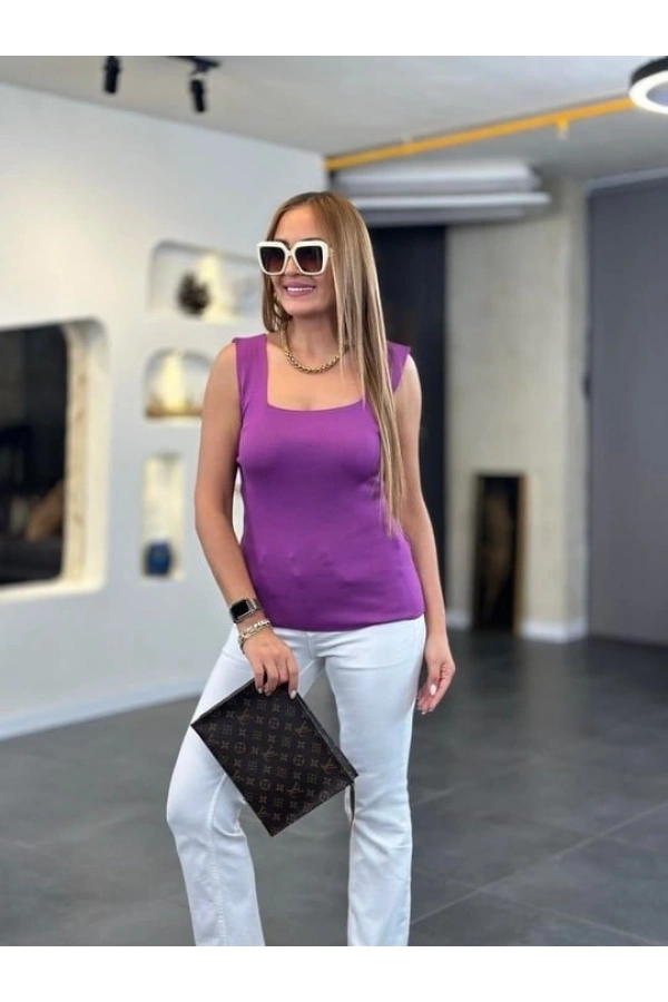 Bidebuvar Kadın Kare Yaka Kalın Askılı Beyaz Triko Bluz