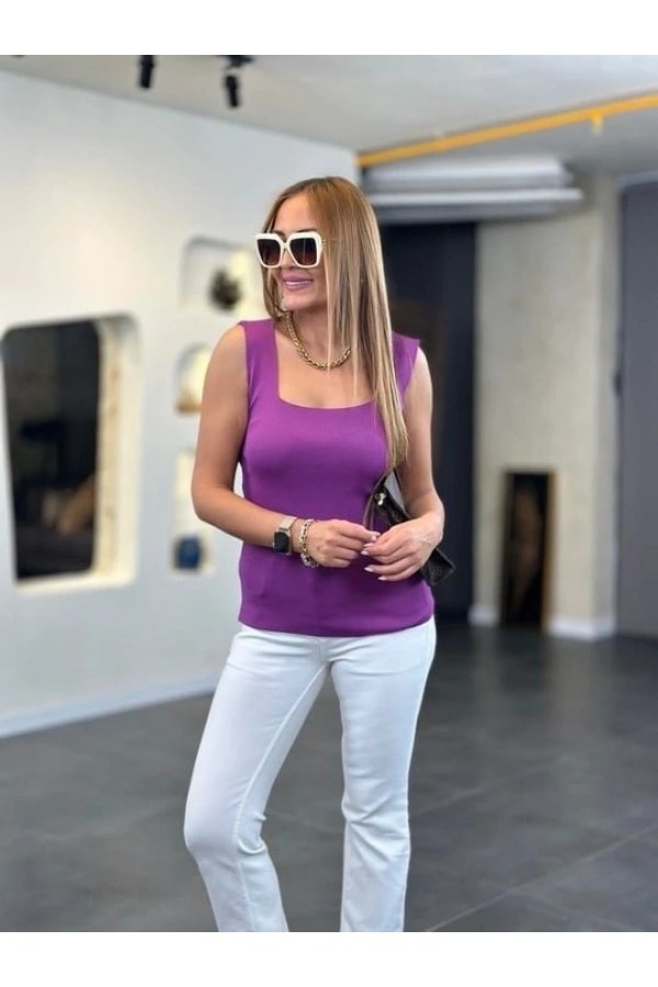 Bidebuvar Kadın Kare Yaka Kalın Askılı Beyaz Triko Bluz