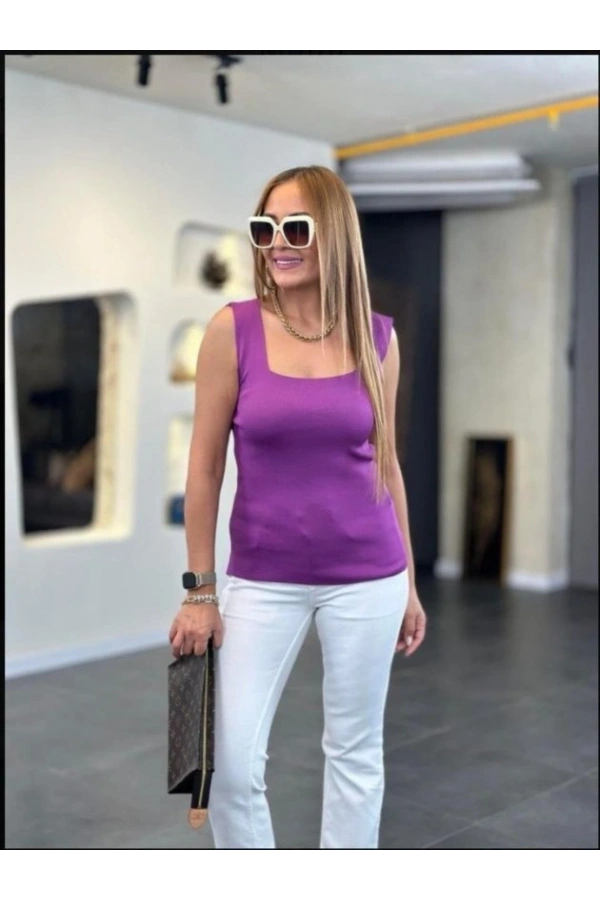 Bidebuvar Kadın Kare Yaka Kalın Askılı Beyaz Triko Bluz