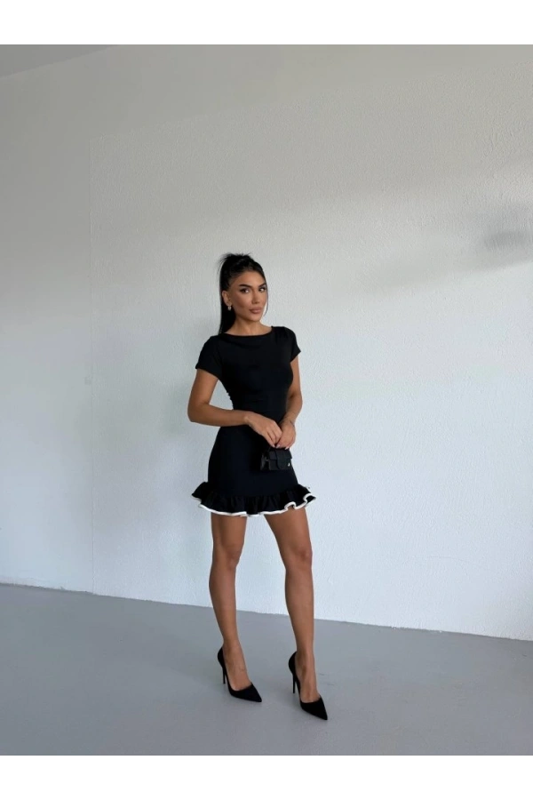 Bidebuvar Kadın Kayık Yaka Kısa Kollu Eteği Olan Detay Dalgıç Kumaş Mini Elbise