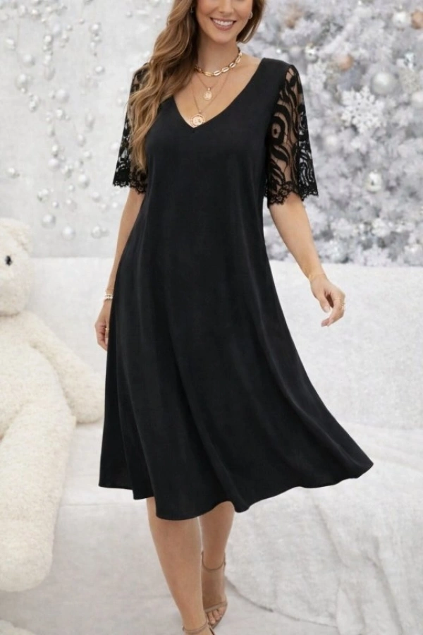 Bidebuvar Kadın Kısa Dantel Kollu V Yakalı Midi Viskon Elbise