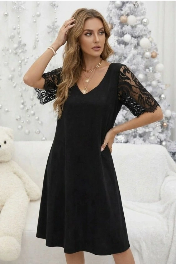 Bidebuvar Kadın Kısa Dantel Kollu V Yakalı Midi Viskon Elbise