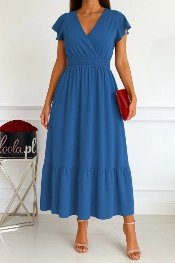 Bidebuvar Kadın Kısa Kelebek Kollu Kruvaze Yakalı Beli Lastikli Aerobin Elbise