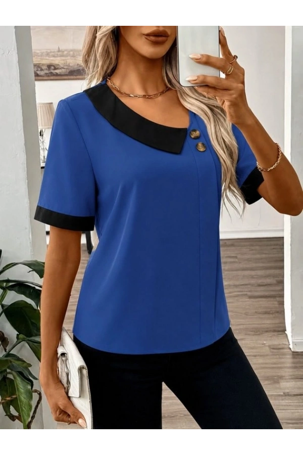 Bidebuvar Kadın Kısa Kollu Asımetrik Yaka Detaylı Düğmeli Dubai Bluz