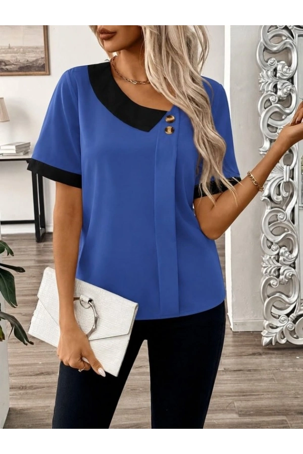 Bidebuvar Kadın Kısa Kollu Asımetrik Yaka Detaylı Düğmeli Dubai Bluz