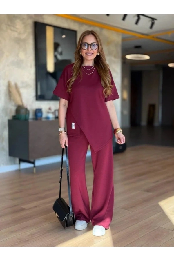 Bidebuvar Kadın Kısa Kollu Bisiklet Yaka Asimetrik Viskon Iki Iplik Bluz Ve Pantolon Ikili Takım