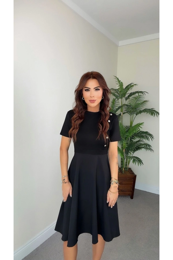 Bidebuvar Kadın Kısa Kollu Bisiklet Yaka Gold Düğme Detay Midi Boy Elbise