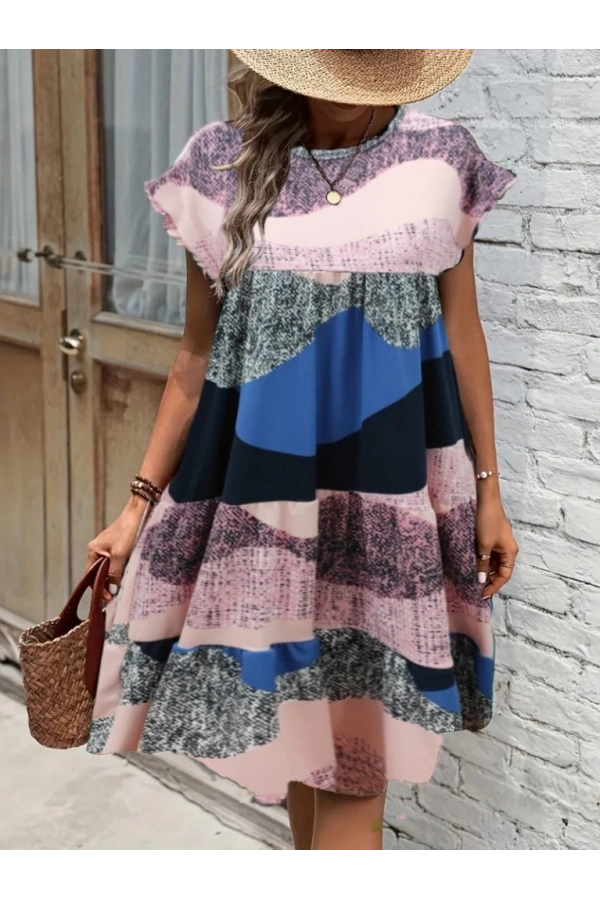 Bidebuvar Kadın Kısa Kollu Bisiklet Yaka Kare Desenli Dalgıç Elbise