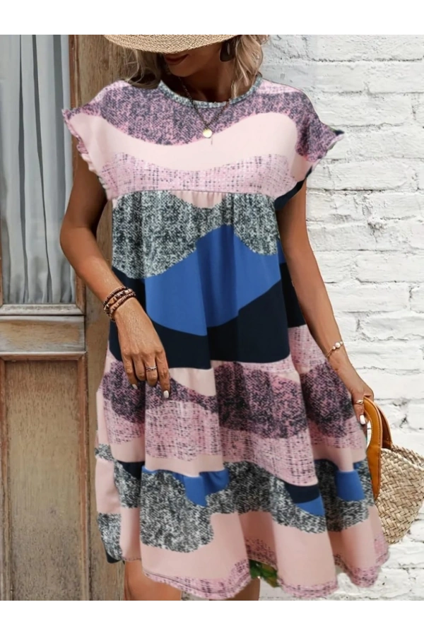 Bidebuvar Kadın Kısa Kollu Bisiklet Yaka Kare Desenli Dalgıç Elbise