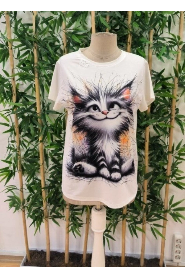 Bidebuvar Kadın Kısa Kollu Bisiklet Yaka Kedi Baskılı Süprem Bluz