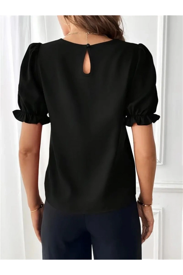 Bidebuvar Kadın Kısa Kollu Bisiklet Yaka Kolları Gipeli Ithal Krep Bluz