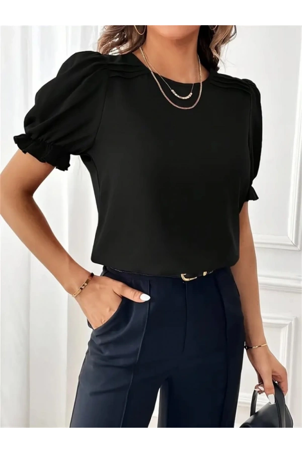 Bidebuvar Kadın Kısa Kollu Bisiklet Yaka Kolları Gipeli Ithal Krep Bluz