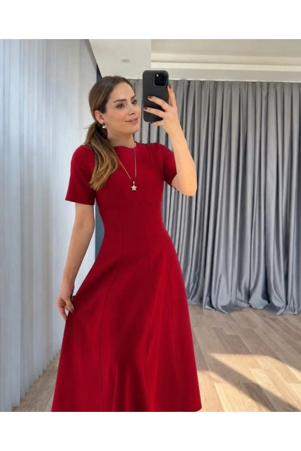 Bidebuvar Kadın Kısa Kollu Bisiklet Yaka Maksi Boy Ithal Krep Elbise