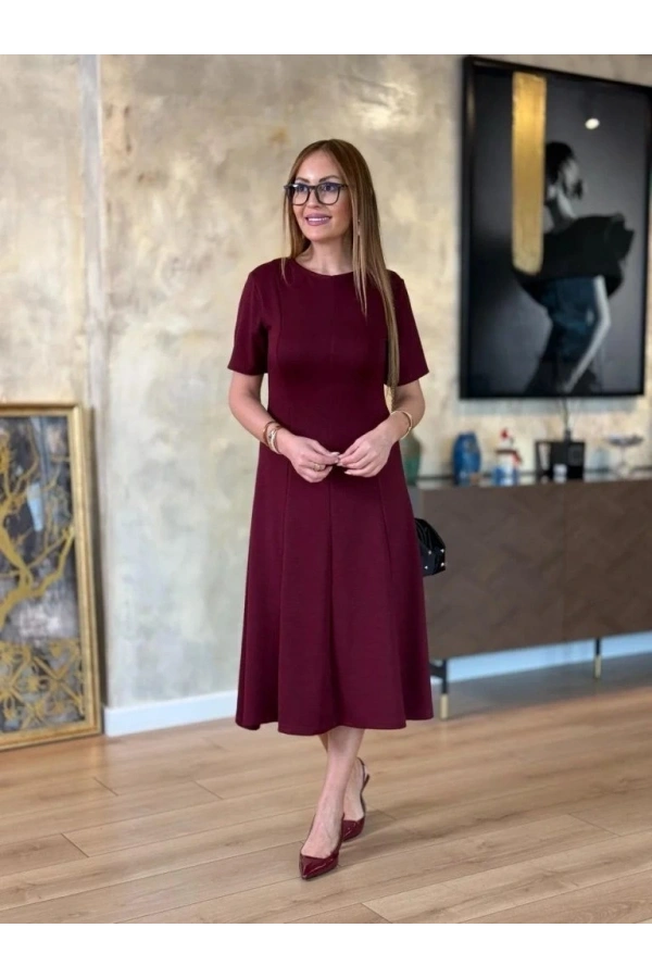 Bidebuvar Kadın Kısa Kollu Bisiklet Yaka Midi Viskon Iki Iplik Elbise