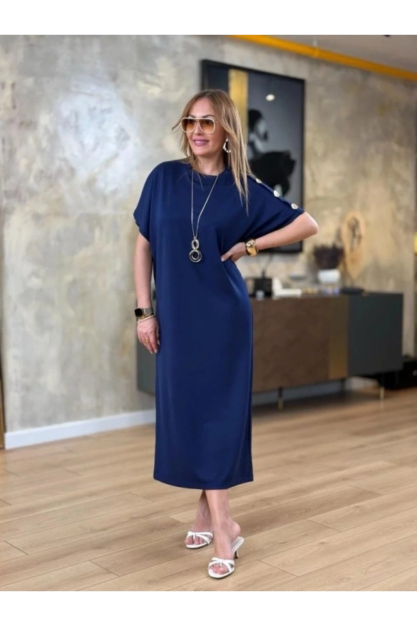 Bidebuvar Kadın Kısa Kollu Bisiklet Yaka Omuzdan Düğmeli Uzun Viskon Iki Iplik Elbise