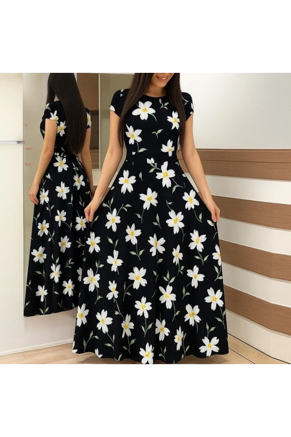 Bidebuvar Kadın Kısa Kollu Bisiklet Yaka Puantiyeli Maksi örme Krep Elbise