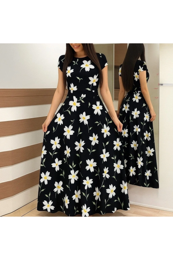 Bidebuvar Kadın Kısa Kollu Bisiklet Yaka Puantiyeli Maksi örme Krep Elbise