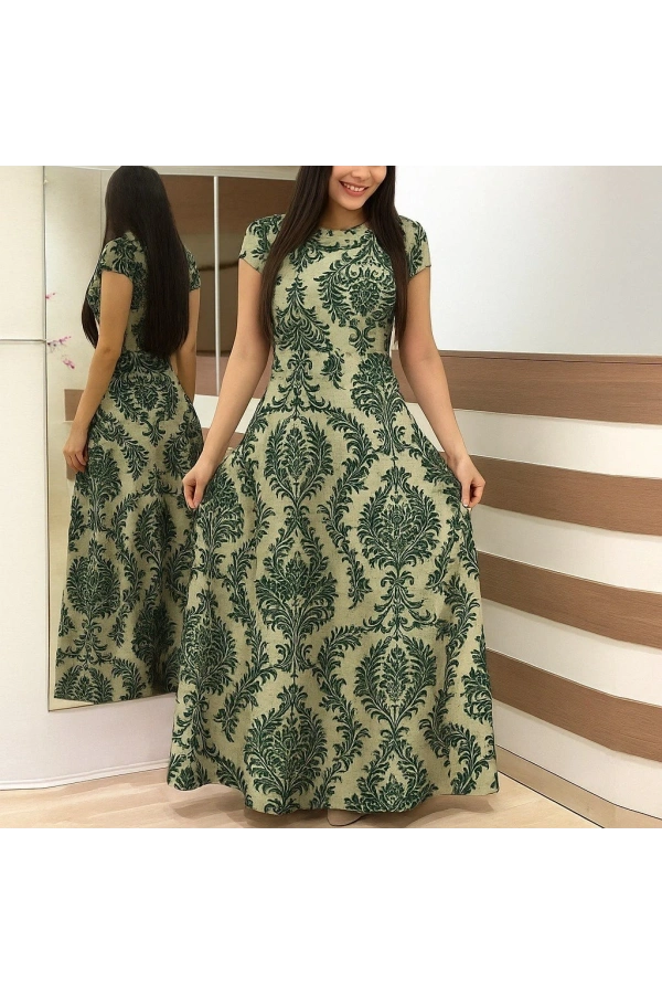 Bidebuvar Kadın Kısa Kollu Bisiklet Yaka Puantiyeli Maksi örme Krep Elbise