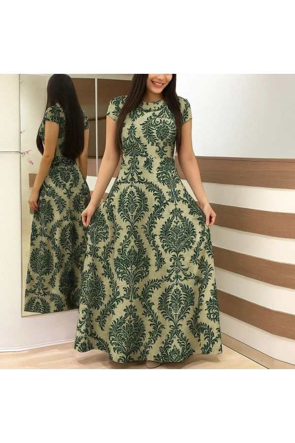 Bidebuvar Kadın Kısa Kollu Bisiklet Yaka Puantiyeli Maksi örme Krep Elbise