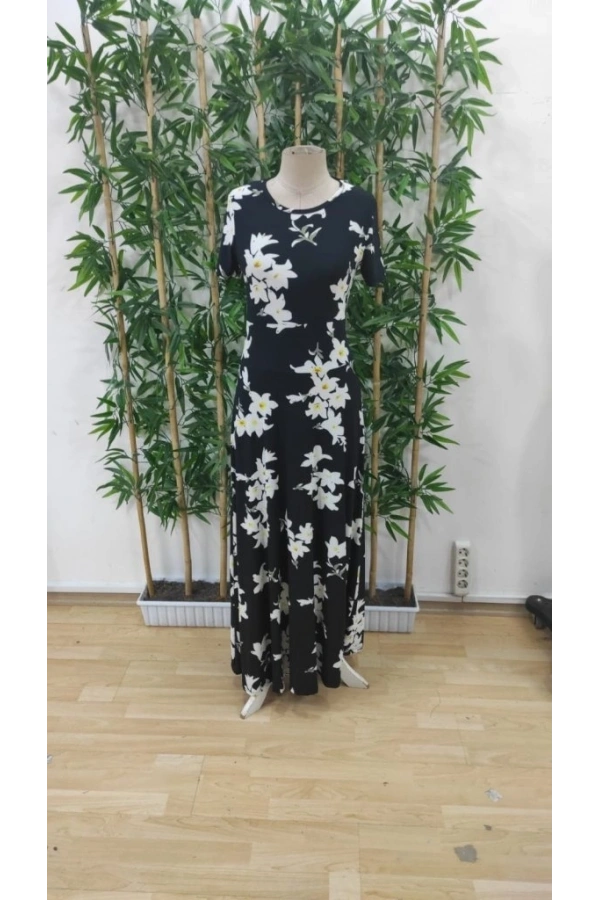 Bidebuvar Kadın Kısa Kollu Bisiklet Yaka Puantiyeli Maksi örme Krep Elbise