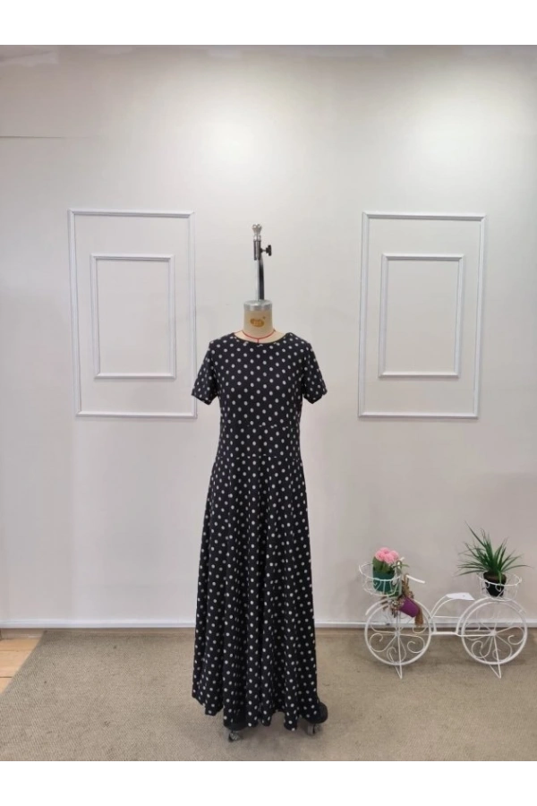 Bidebuvar Kadın Kısa Kollu Bisiklet Yaka Puantiyeli Maksi örme Krep Elbise