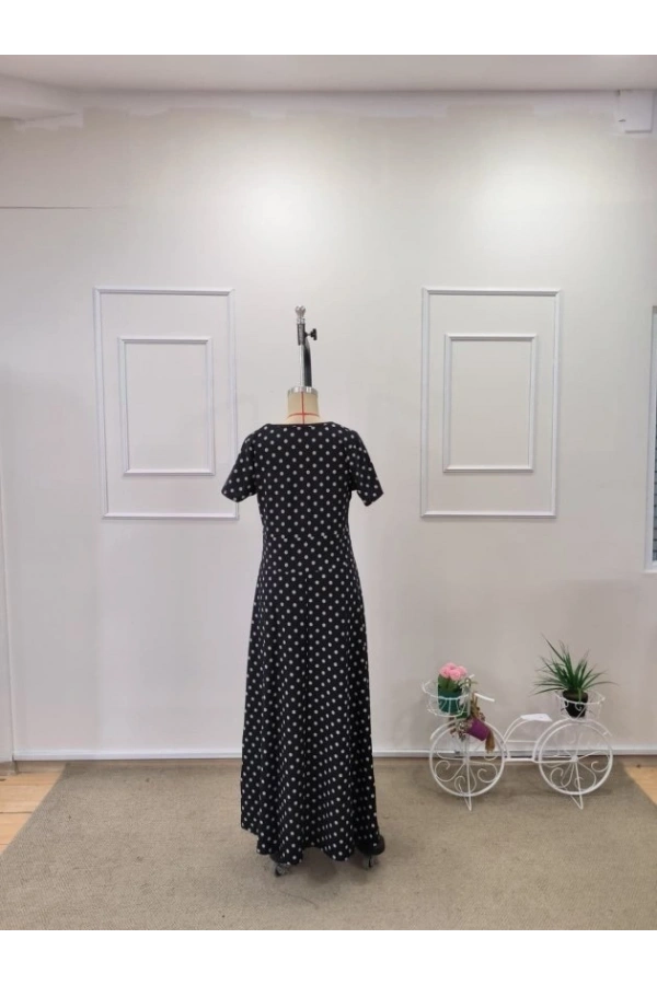 Bidebuvar Kadın Kısa Kollu Bisiklet Yaka Puantiyeli Maksi örme Krep Elbise