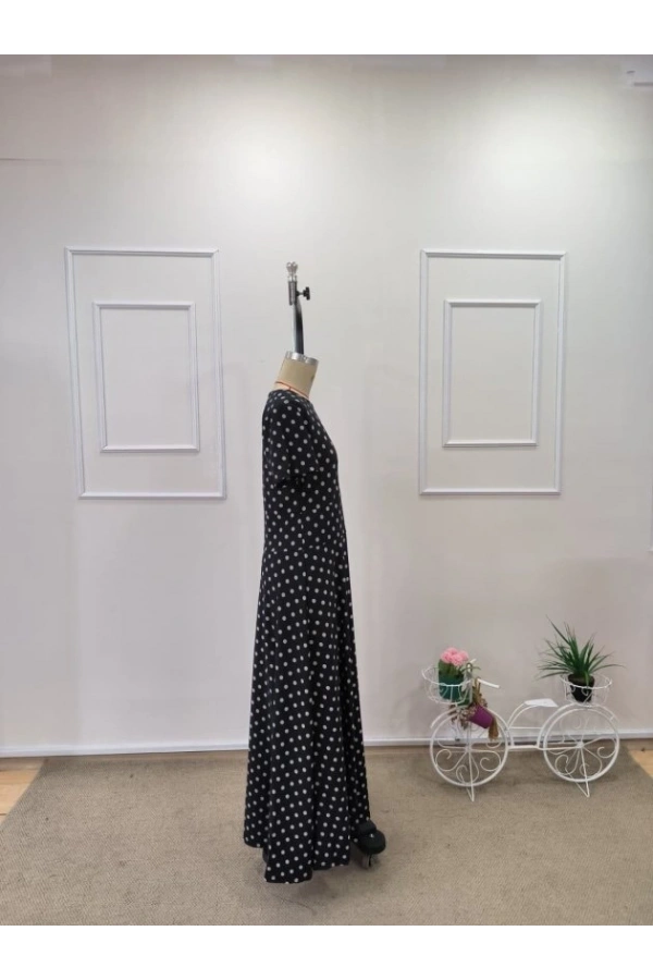 Bidebuvar Kadın Kısa Kollu Bisiklet Yaka Puantiyeli Maksi örme Krep Elbise